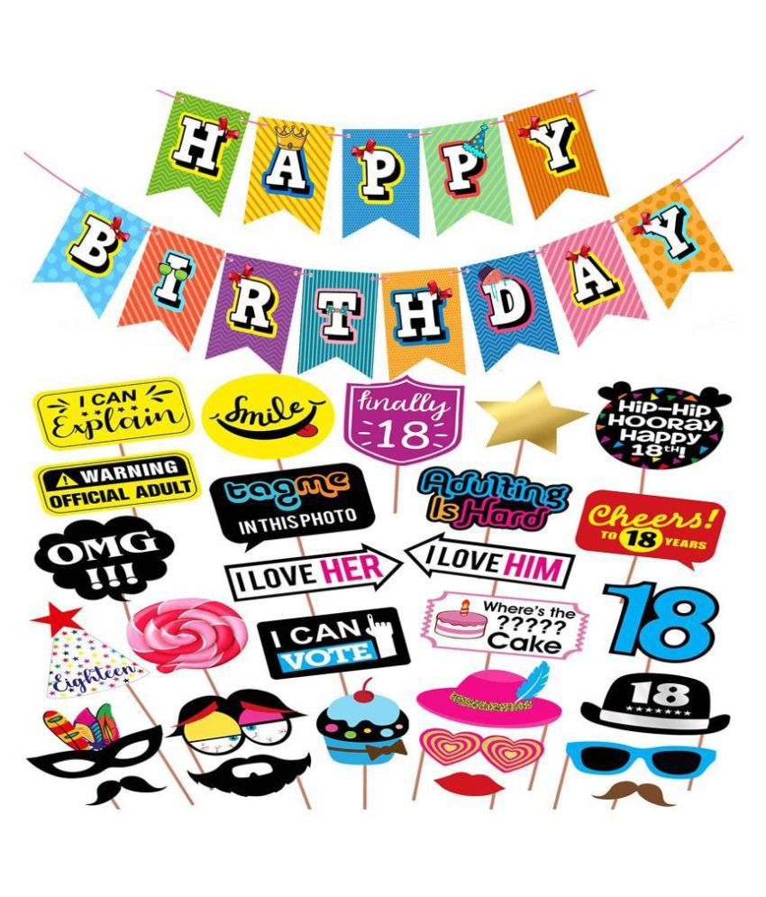     			1 Set Multicolour Happy Birthday Banner + 28 Piece 18th Birthday Photo Booth Party Props - Fully Assembled 18th Birthday Photo Booth Props Pink & Gold Selfie Signs - 18th Party Supplies & Decorations - Cute 18th Bday Designs - (Set of 29)