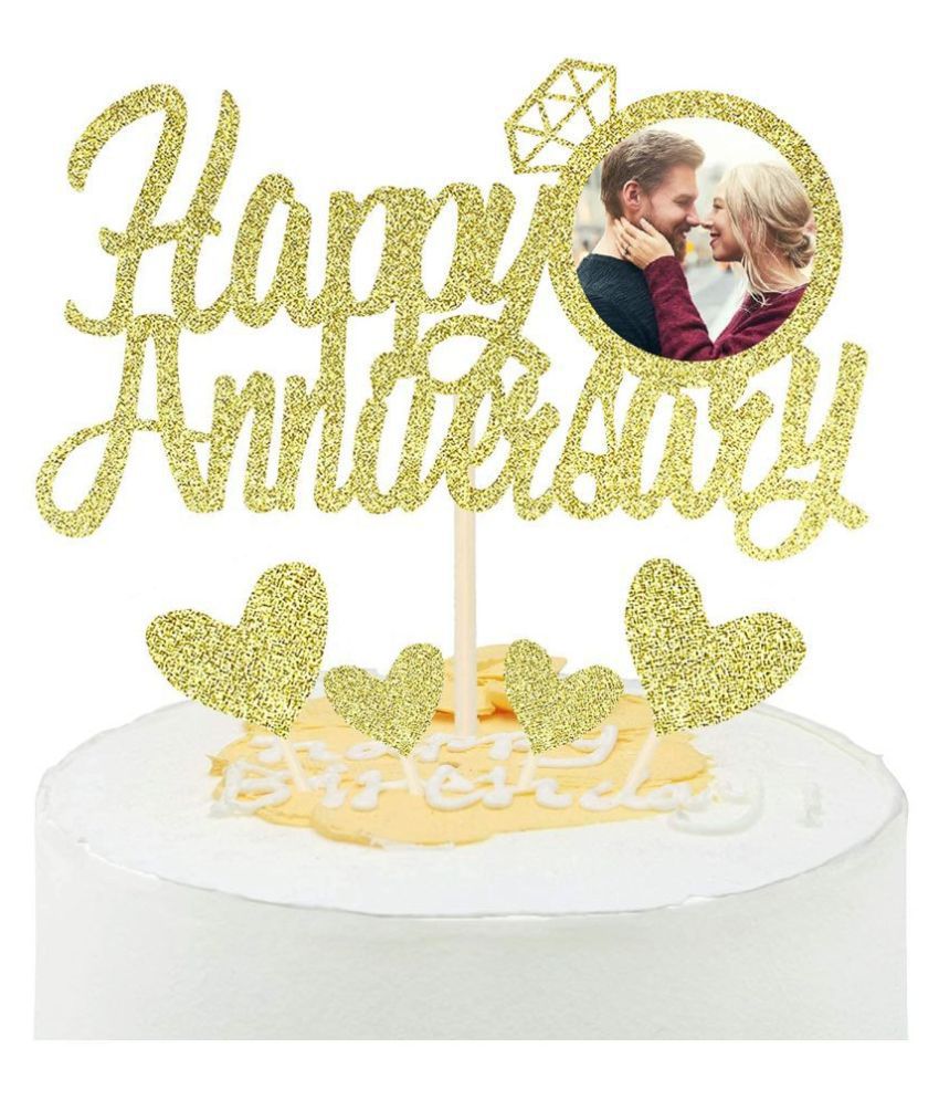     			Gold Glitter Happy Anniversary Cake Topper with Diamond Ring Heart Cake Decorations Set for Wedding Graduation Retirement Company Celebration Party - Pack of 5
