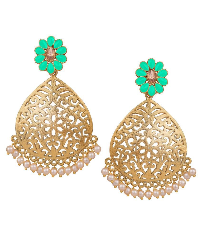    			Stylish Golden Plated Polki Stone Studded In Flower with Drop Dangler White Pearl Earring.