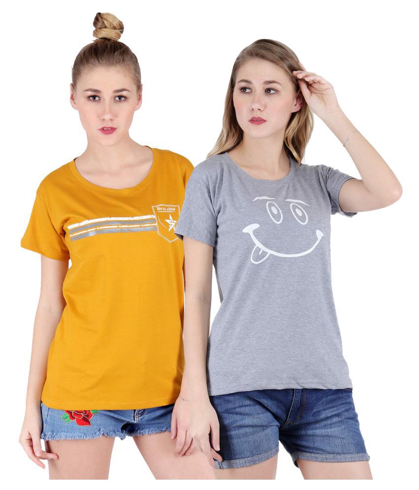 Broadstar Cotton Yellow,Grey T-Shirts Pack of 2