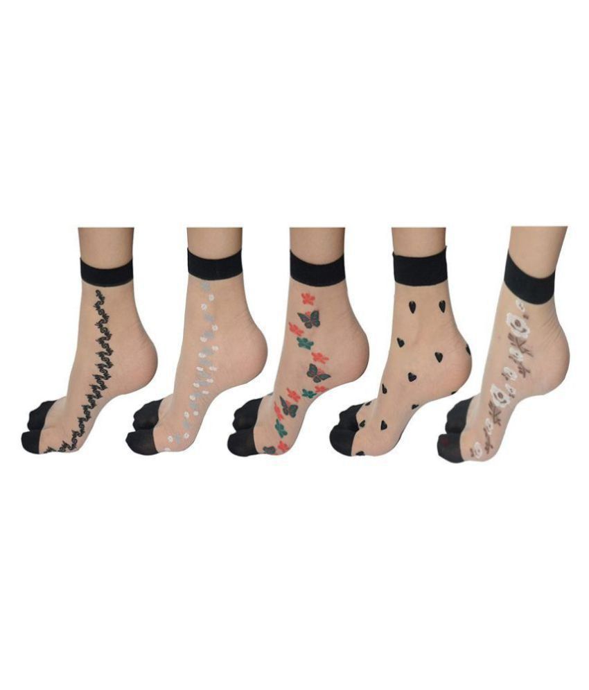     			HF LUMEN transparent/net nylon side flower ankle length socks with thumb (Pack of 5)