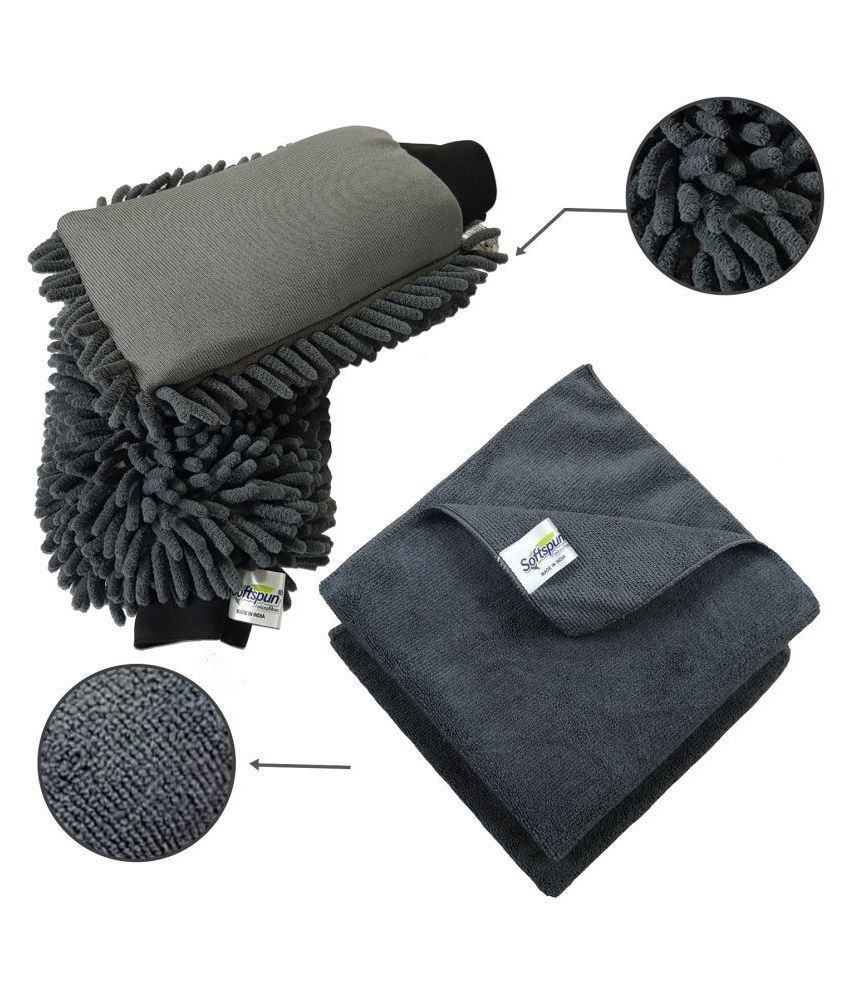     			SOFTSPUN Microfiber Chenille & Single-Side Gloves 1700 GSM  with Towel 340 GSM, 4 Piece, Grey, Multi-Purpose Super Absorbent and Perfect Wash Clean with Lint-Scratch Free Car, Dusting!