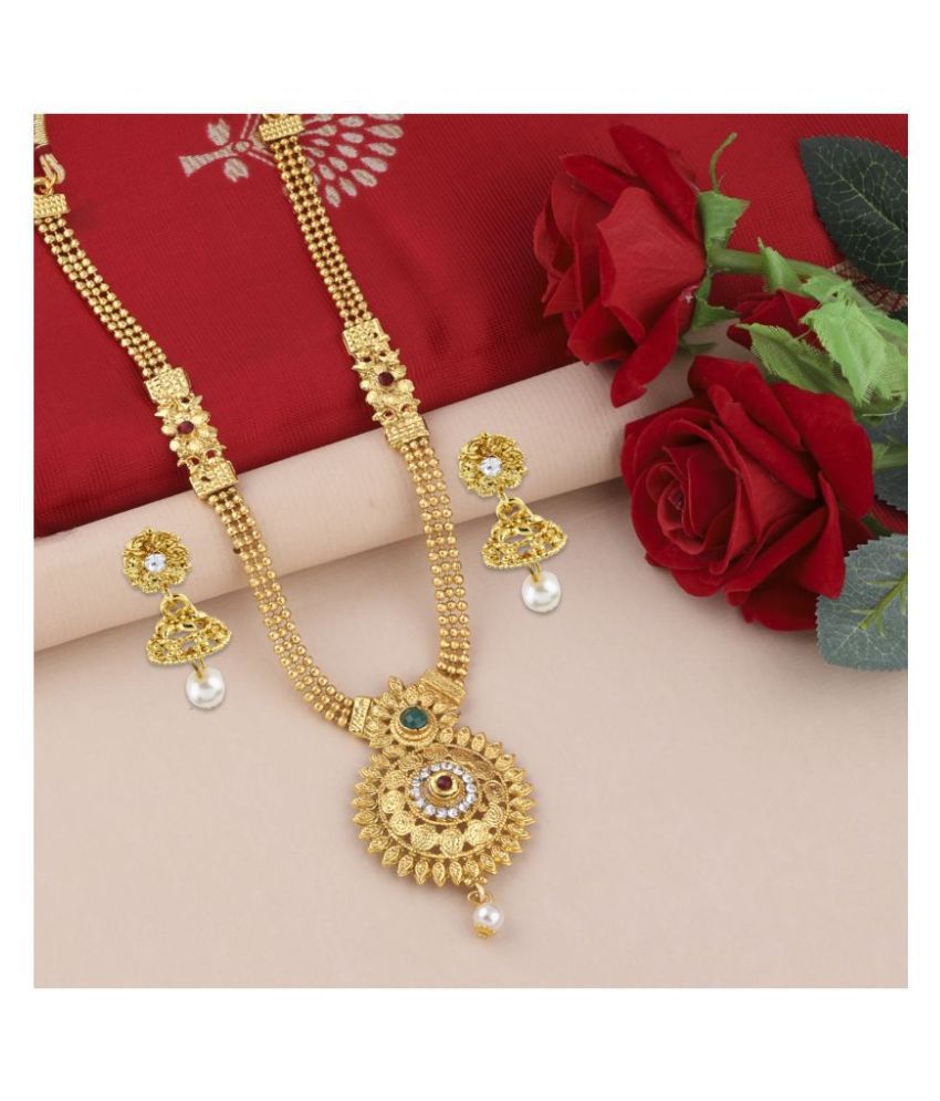     			Silver Shine Alloy Golden Traditional Necklaces Set Long Haram