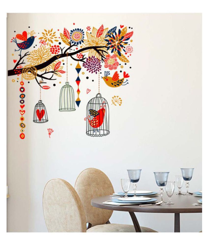    			HOMETALES Tree With Birds And Cage Nature Wall Sticker (80cm x 90cm)