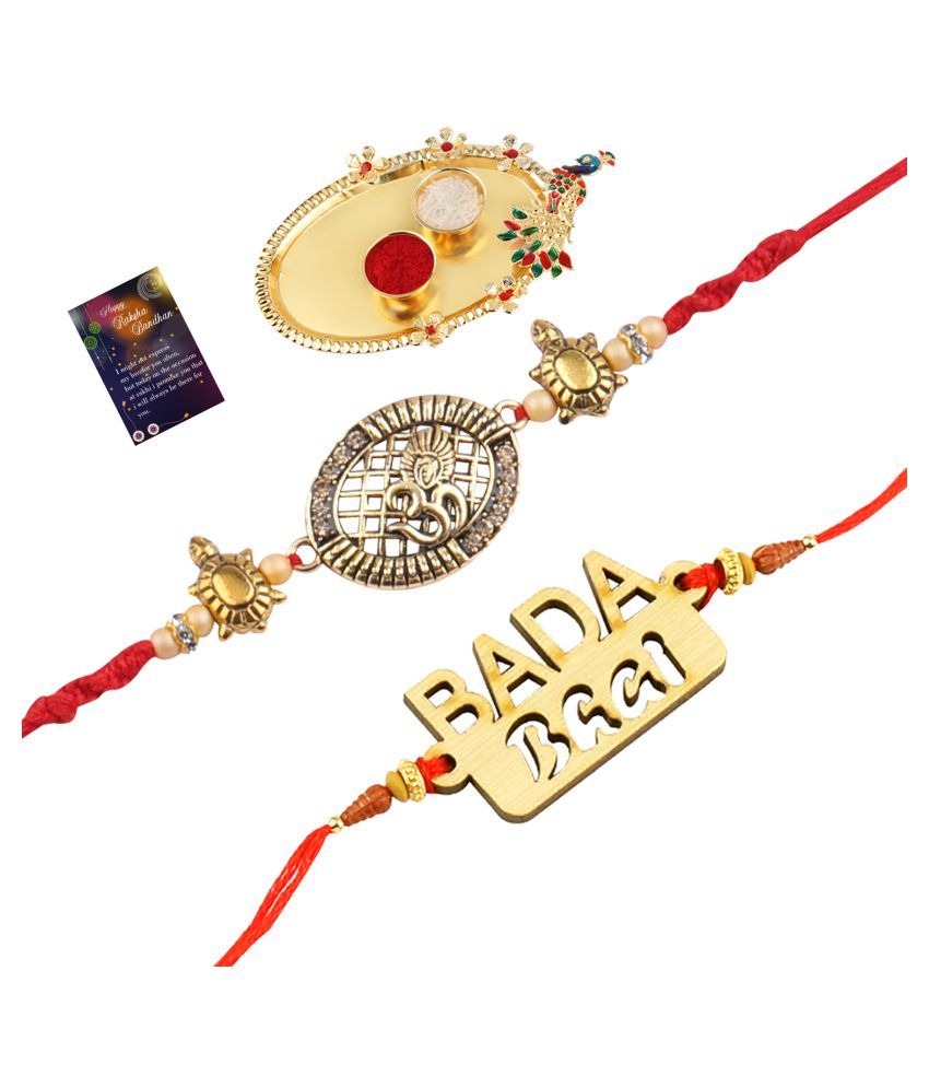     			Paola Exclusive Bhaiya Rakhi " BADA BHAI" Designer Pendent With  Designer Look "OM" Rakhi Combo  For Bhaiya With Roli Chawal And  Greeting Card 1 Kankawati Pooja Thali