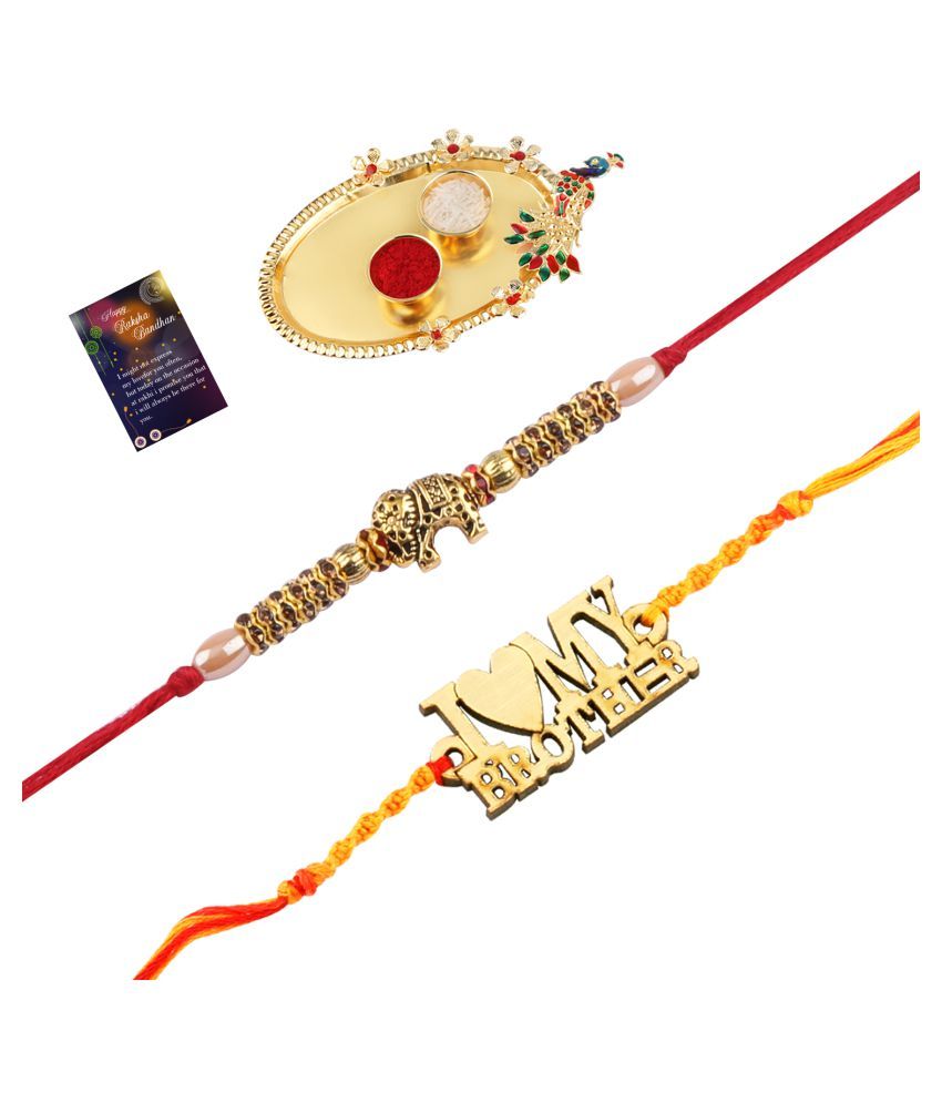     			Paola  Stylish  Bhaiya Rakhi " I LOVE MY BROTHER" Designer Pendent With  Designer Look "Elephant" Rakhi Combo  For Bhaiya With Roli Chawal And  Greeting Card 1 Kankawati Pooja Thali