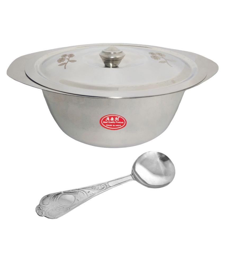 A&H Set of 1 Pc Laser Design Serving Bowls With Lid ( Dongas ) With Serving Spoon  - Stainless Steel