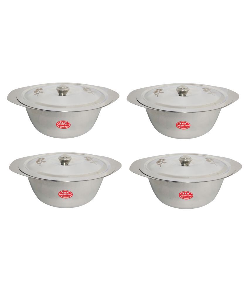 A&H Set of 4 Pc Laser Design Serving Bowls With Lid ( Dongas )  - Stainless Steel