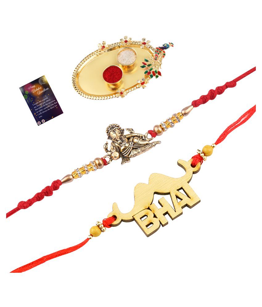     			Paola  Elegant  Bhaiya Rakhi " BHAI" Designe With  Designer Look "GANESH JI"Rakhi Combo  For Bhaiya With Roli Chawal And  Greeting Card 1 Kankawati Pooja Thali