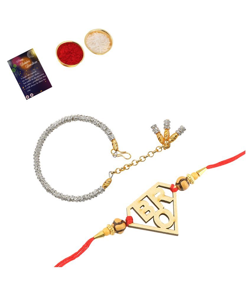     			Paola Stylish  Bhaiya Rakhi " BRO" Designer Pendent With  Silver Bracelet Kada  BhabhiRakhi Combo  With Roli Chawal And Greeting Card