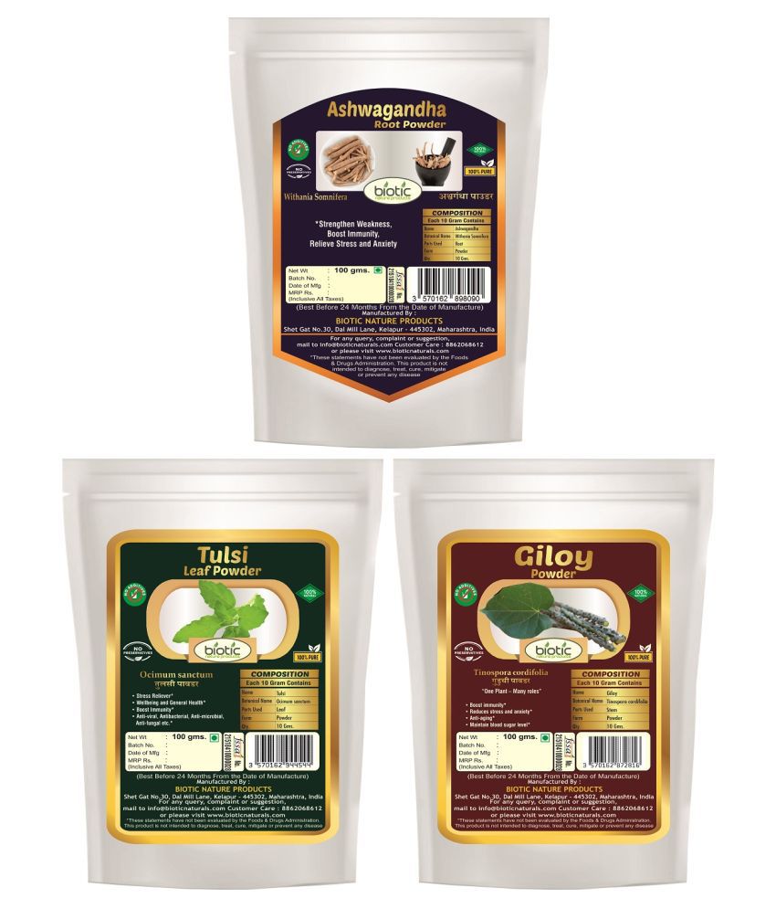     			Biotic Ashwagandha, Giloy and Tulsi Powder for Immunity Powder 300 gm Pack of 3