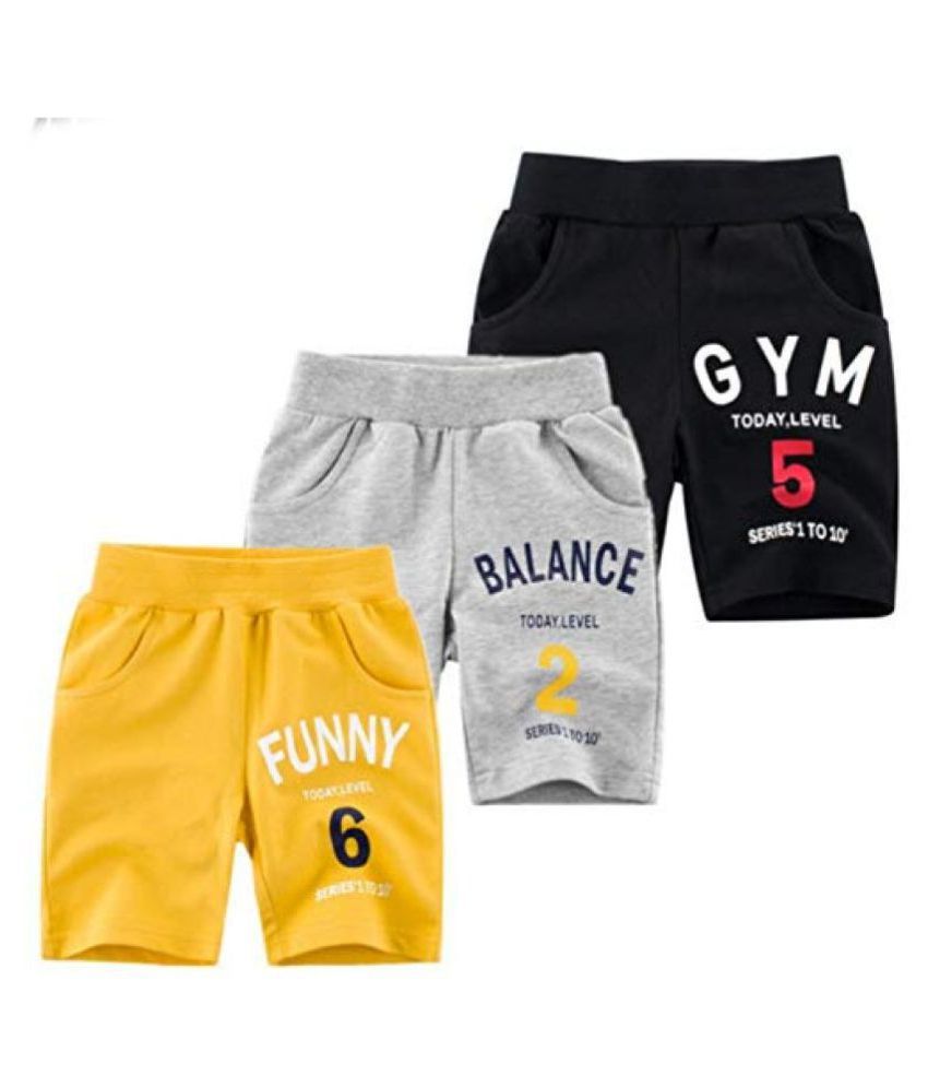 KYDA Yellow, Grey and Black Regular Fit Fleece Shorts for Boys and Girls Pack of 3