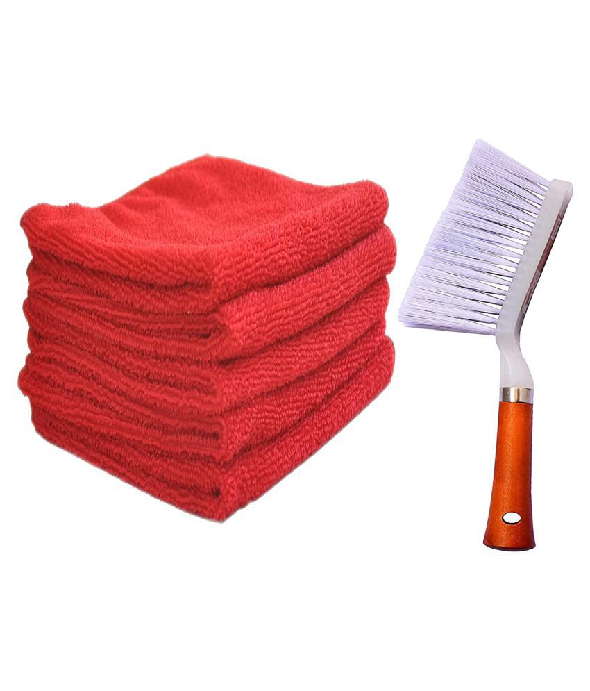     			INGENS Combo of Car and Carpet Cleaning Brush and Microfiber Cleaning Cloths,40x40cms 250GSM Highly Absorbent, Lint and Streak Free,Wash Cloth for Car, Window RED(Pack of 5 Cloth and 1 Brush)…