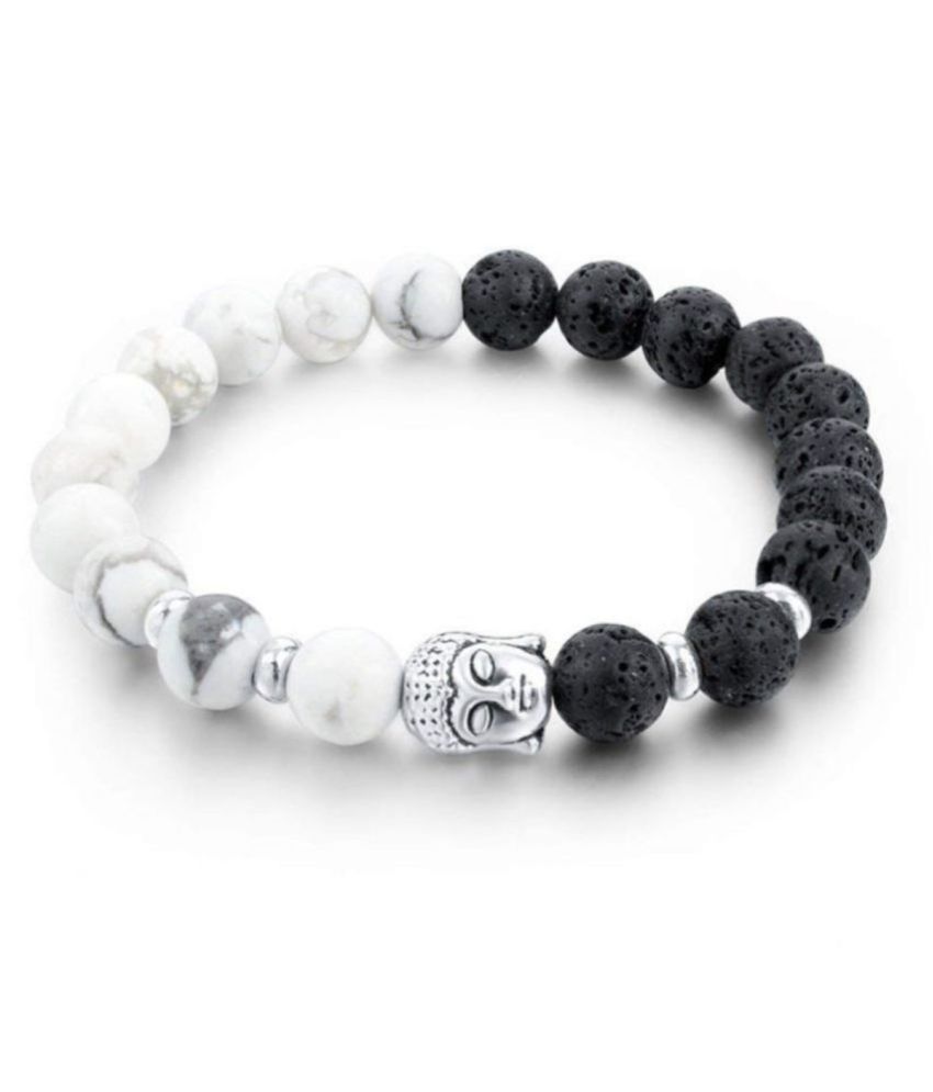     			8mm White Howlite & Black Lava With Buddha Natural Agate Stone Bracelet