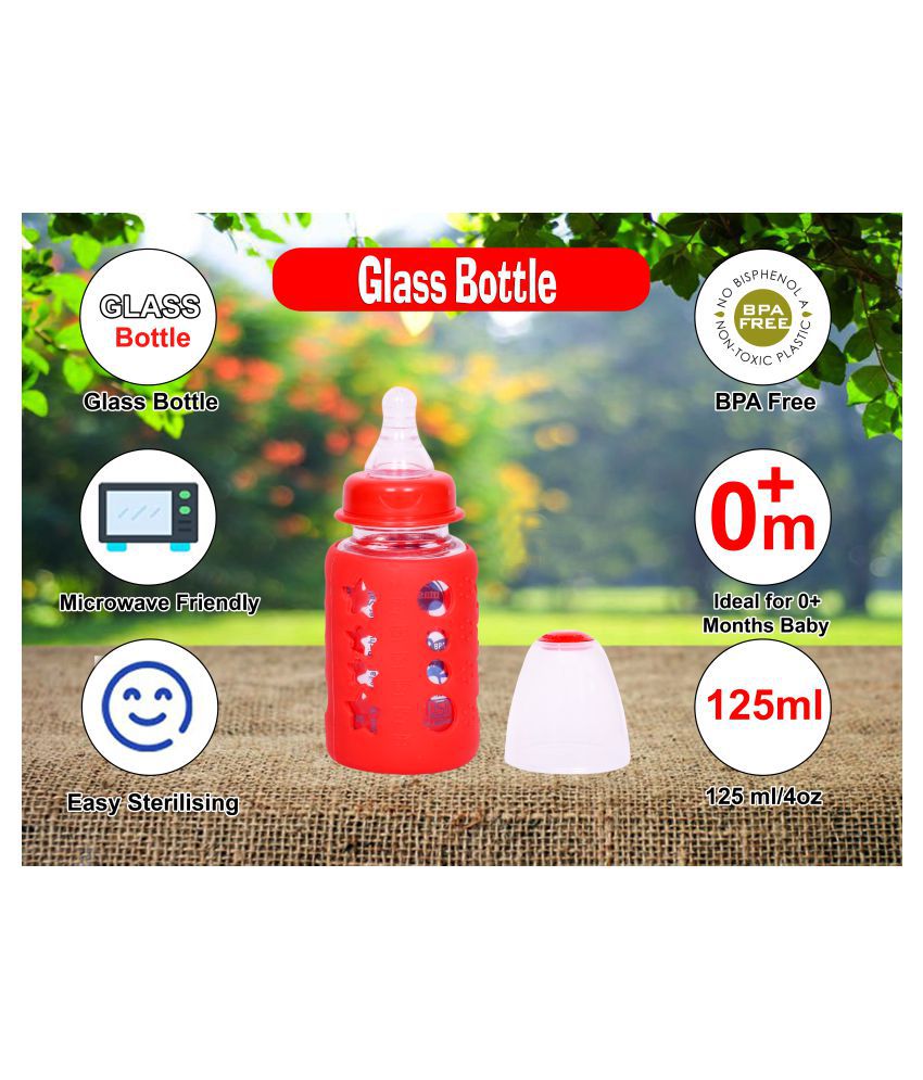 Premium Quality High Borosilicate Glass Feeding Bottle/Feeder with Premium Silicon Sleeves/Warmer Cover & Ultrasoft Flow Control Nipple (Red, 125ml/4Oz)