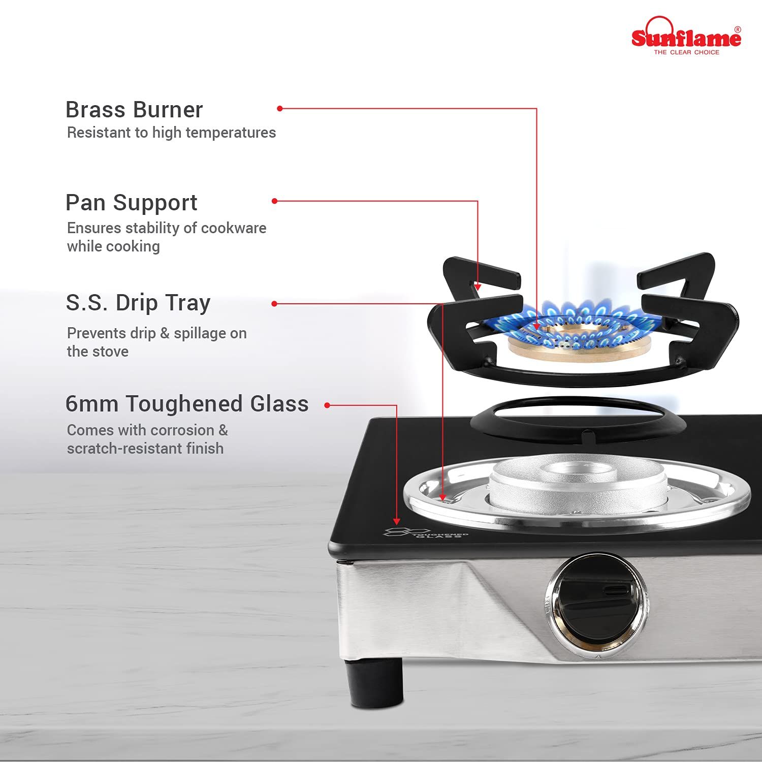 SUNFLAME GT 2B FOCUS SS Stainless Steel Burner LPG Gas Stove, Silver