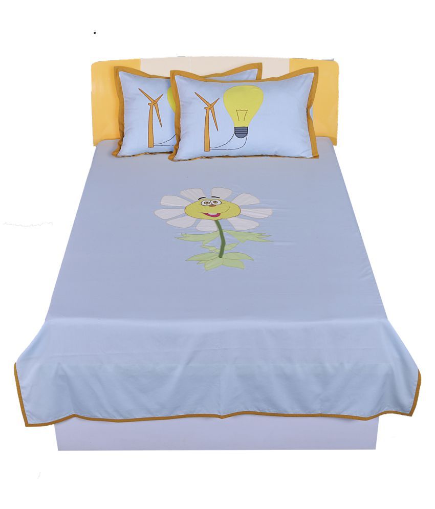     			HugsnRugs Single Cotton Blue Embroidery Bedding Set Set of 3