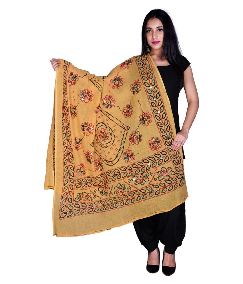     			Apratim Beige Cotton Kutch Embroidered Dupatta - Single