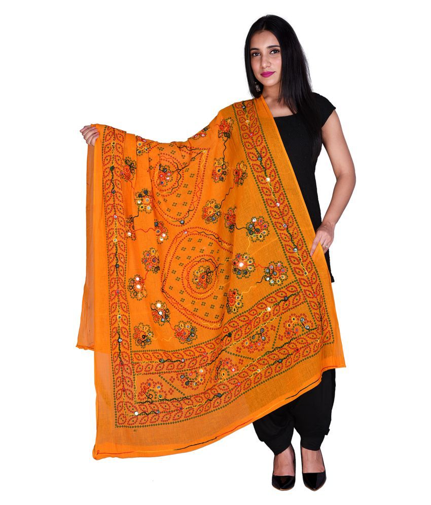     			Apratim Yellow Cotton Kutch Embroidered Dupatta - Single