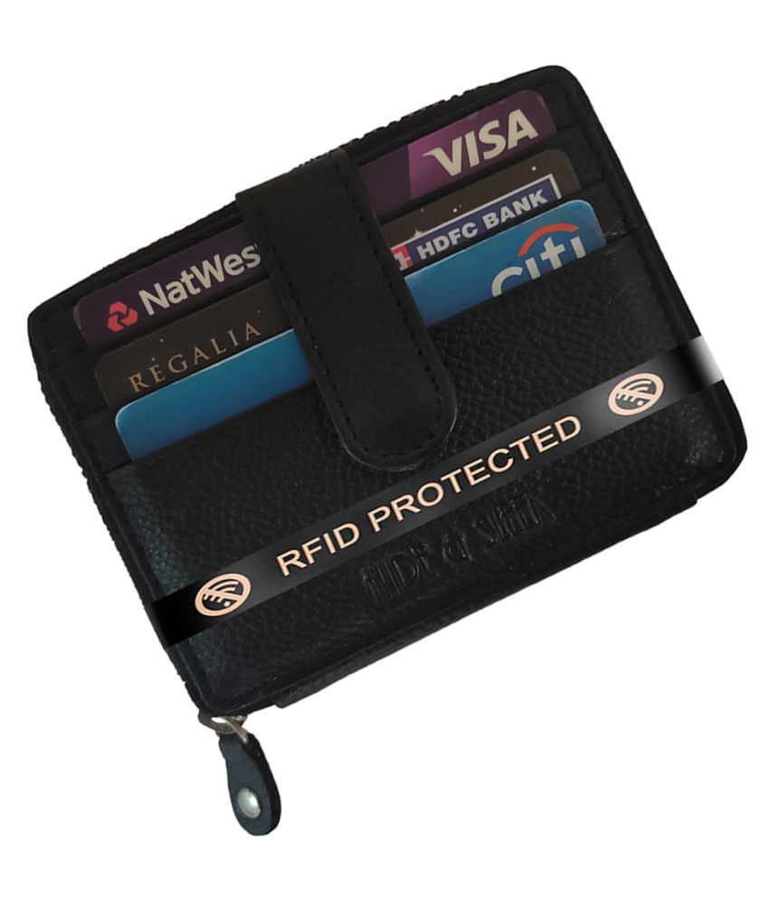     			Hide&Sleek RFID Protected Black Genuine Leather Card Holder with Metal Zipper Clouser