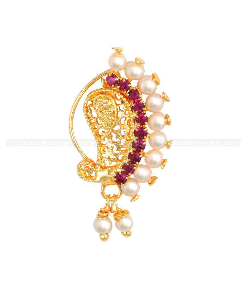     			Vighnaharta Gold Plated Mayur Design with Pearls and AD stone Alloy Maharashtrian banu Nath Nathiya./ Nose Pin for women VFJ1017NTH-Press