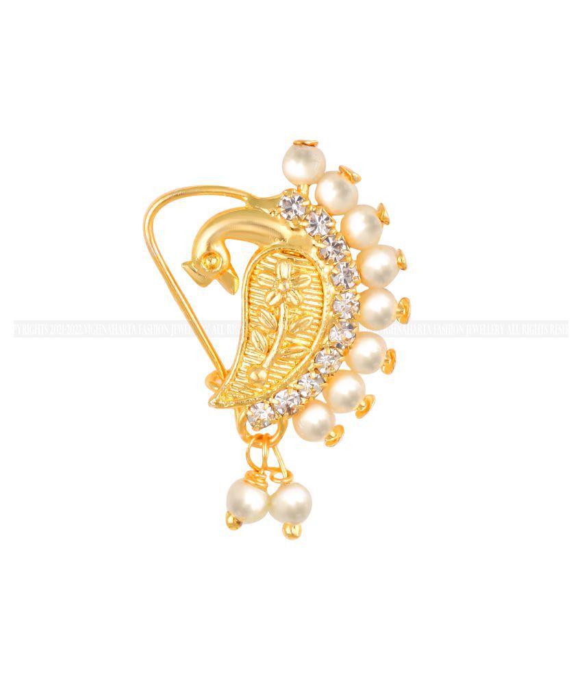     			Vighnaharta Gold Plated Mayur Design with Pearls and AD stone Alloy Maharashtrian Cultural Nath Nathiya./ Nose Pin for women VFJ1014NTH-TAR