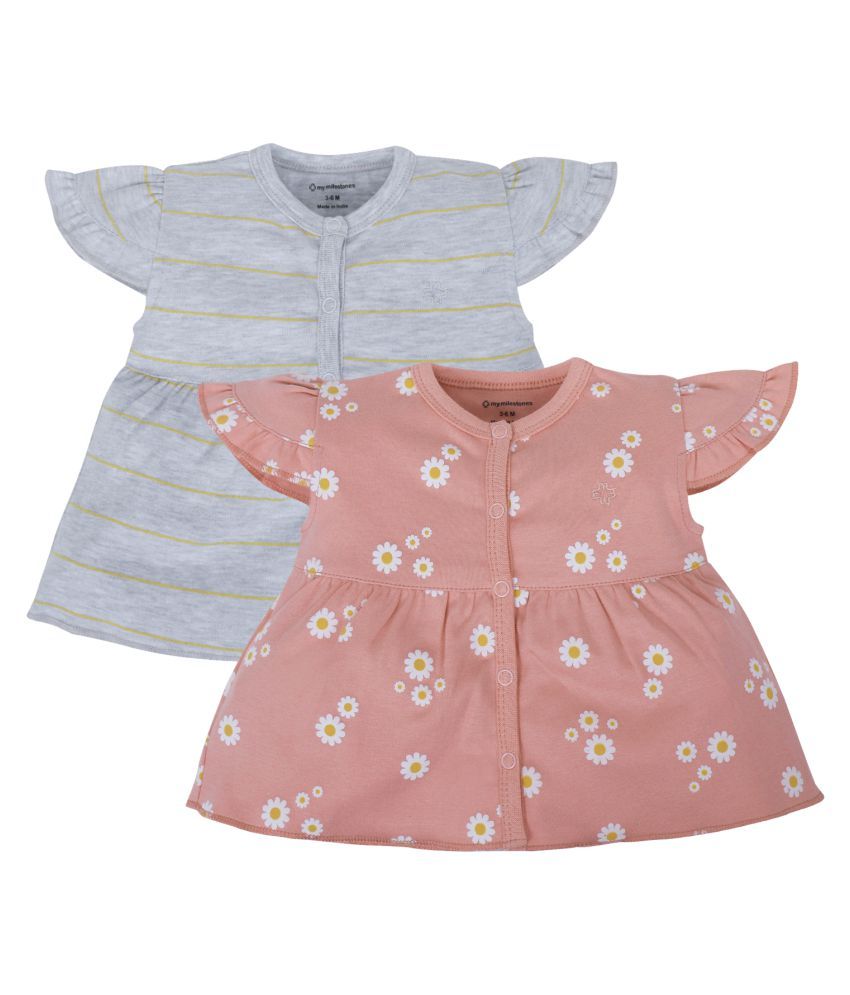     			My Milestones T-shirt Half Sleeves Girls Pink Daisy / Grey Stripes-2Pc Pack - 6-9M