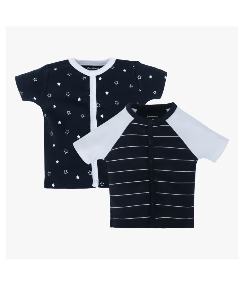     			My Milestones T-shirt Half Sleeves Boys Navy Blue White Raglan/ Navy Blue Stars-2Pc Pack - 0-3 M