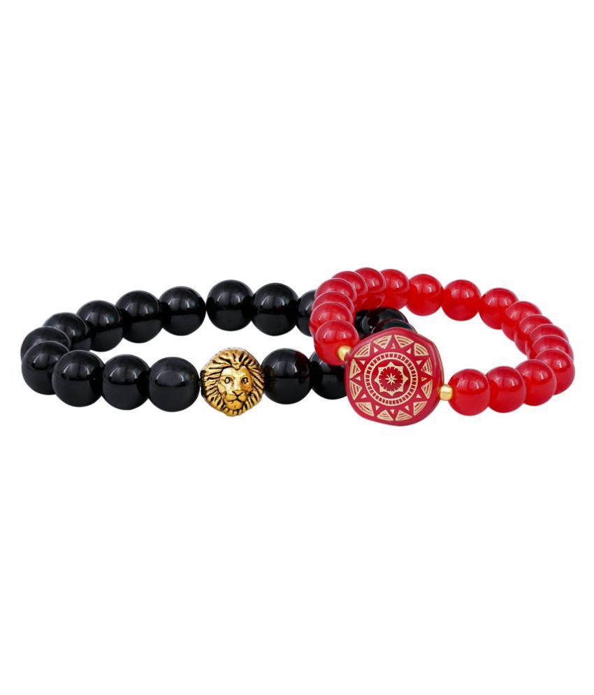     			Black & Red Bead Handmade Lion face Stretchable Rakhi Bracelet for Couples