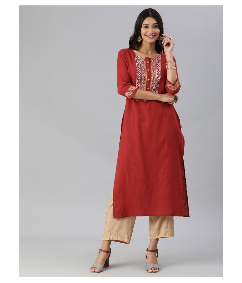     			KSUT Red Cotton Straight Kurti - Single