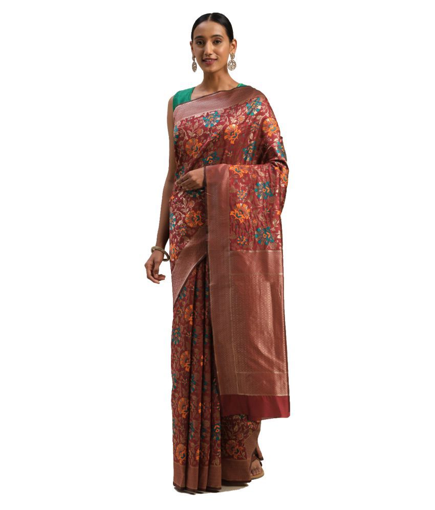     			Shaily Retails Maroon Silk Blend Saree - Single