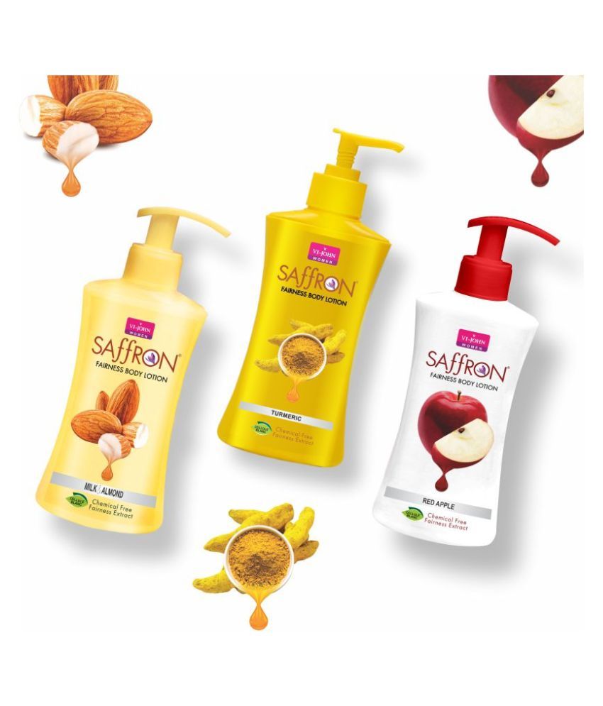     			VI-JOHN Saffron Fairness Body Lotion Turmeric , Red Apple & Milk & Almond 250ml Pack of 3