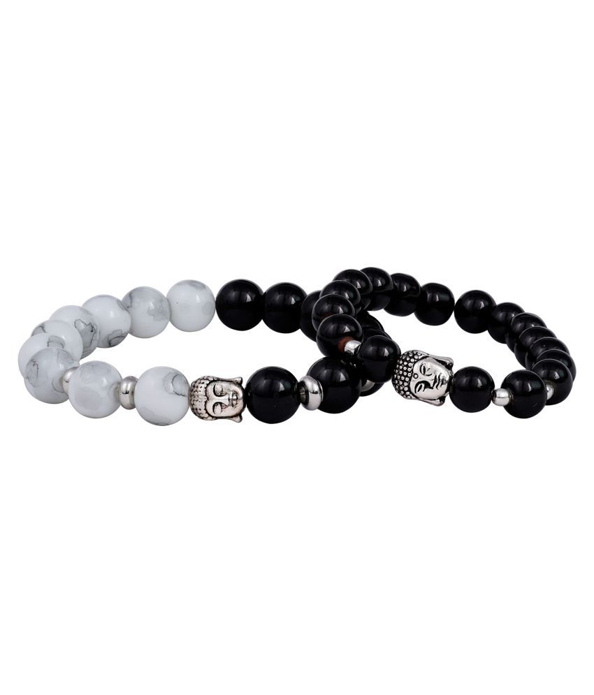     			Black & White Bead with German Silver Buddha Handmade Stretchable Bracelet for Couple
