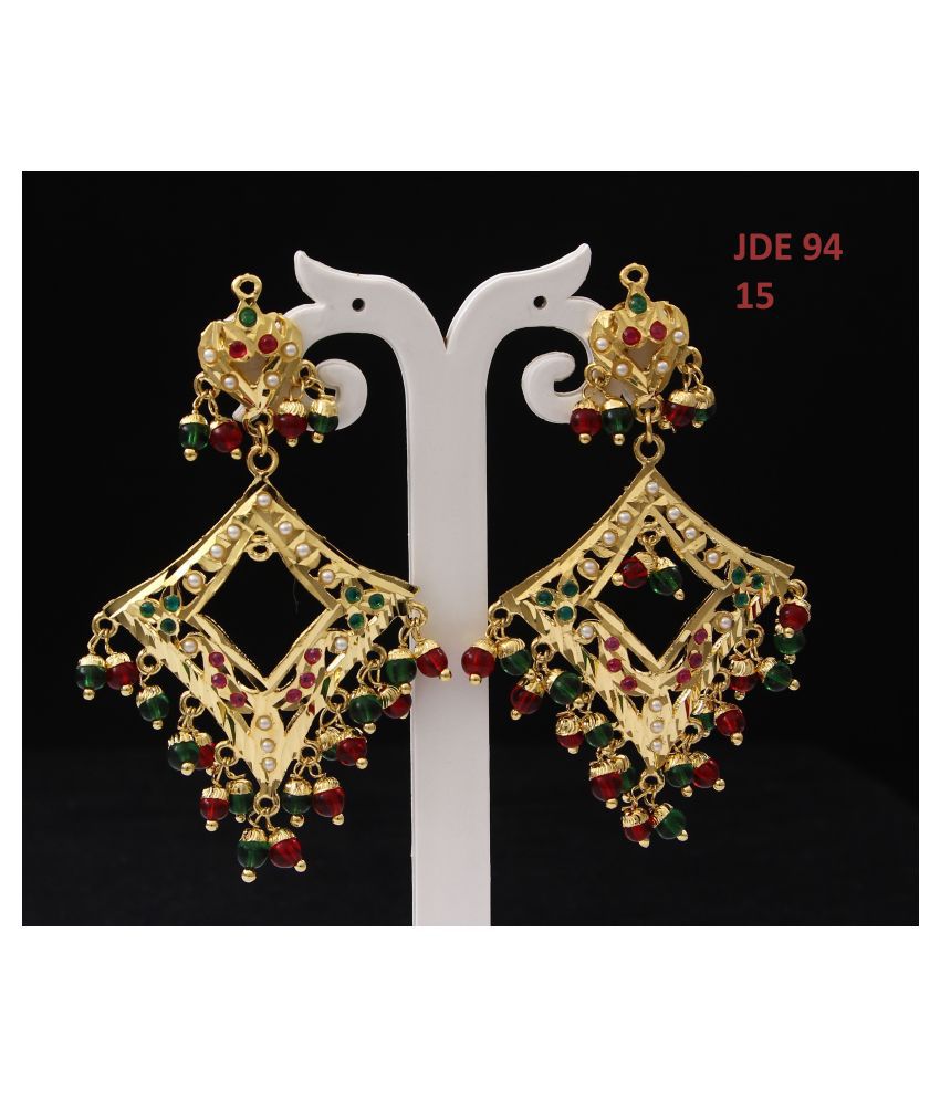 Gemsonclick Ethnic Dangle Drop Earrings 18K Gold Plated Pearl, Ruby, Emerald Latest Stylish Fashion Jewellery for Girls and Women