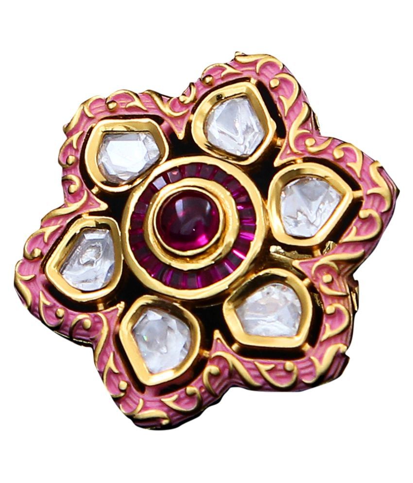 Gemsonclick Traditional Adjustable Ring 18K Gold Plated Floral Design Pink Enamel Kundan Traditional Statement Cocktail Finger Ring for Mother Sister Wife