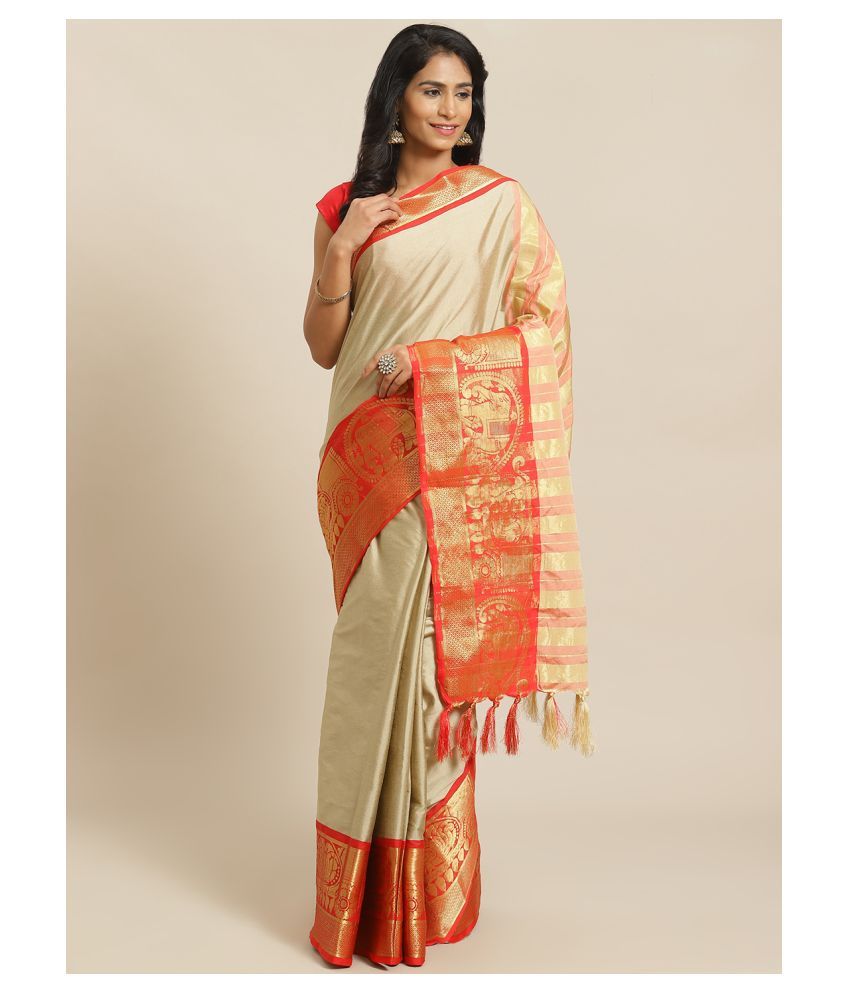     			Grubstaker Beige Cotton Saree - Single