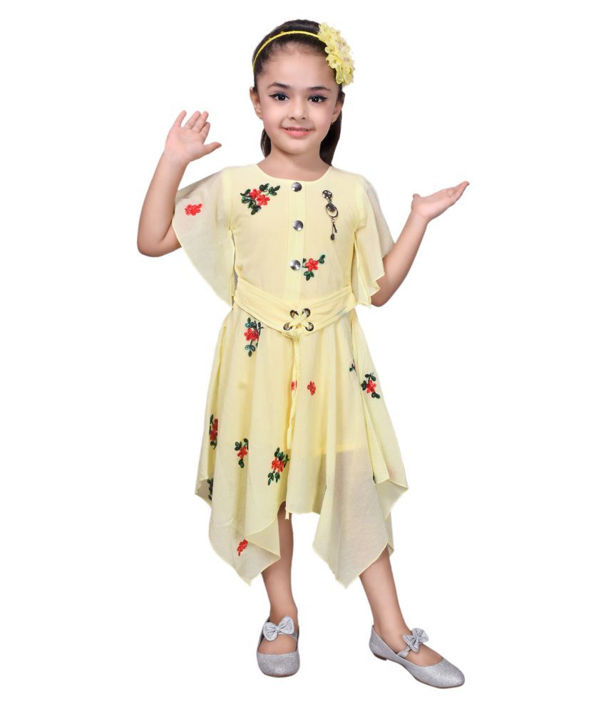     			Sky Heights - Light Yellow Georgette Girl's Asymmetric Dress ( Pack of 1 )