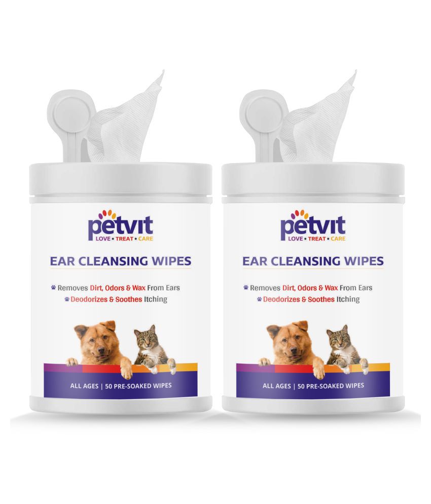 Petvit Ear Cleansing Wipes For Dogs and Cats To Remove Dirt, Odors & Wax From Ears  - Fragrance Less 50 Wipes | Pack of 2