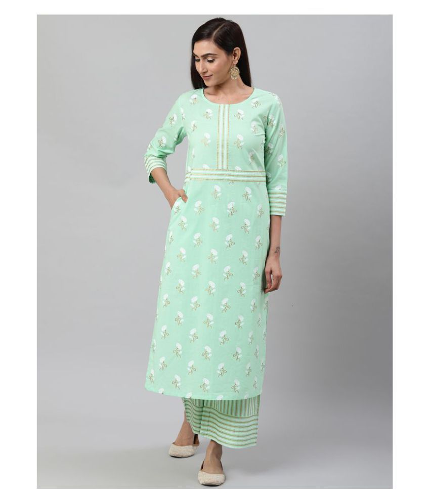     			Yash Gallery Cotton Printed Kurti With Palazzo Women's Stitched Salwar Suit - Green ( Pack of 1 )