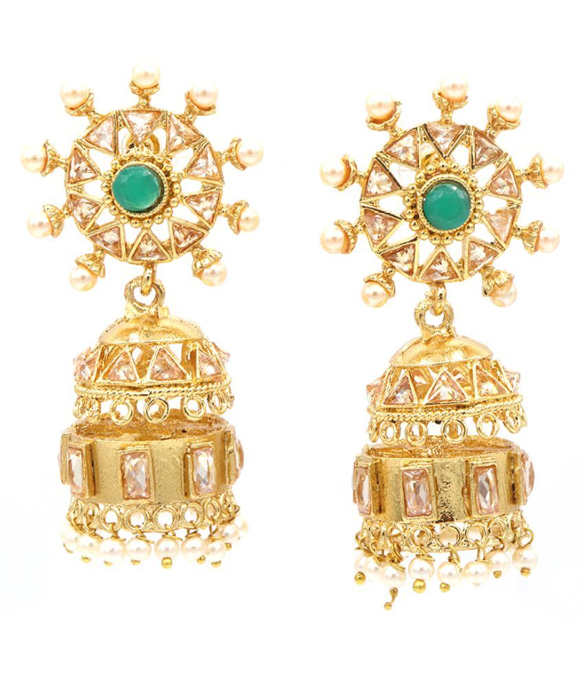 Mirraw Green Stone Studded Designer Jhumkas Jewellery For Womens & Girls For All Occasion
