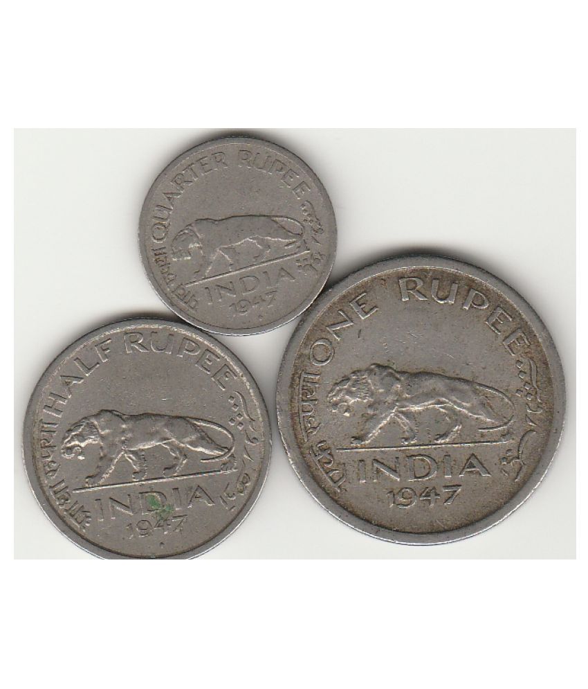     			NUMISMATECALLY RARE AND COLLECTIBLE  THREE C01N SET-ONE RUPEE-HALF RUPEE-QUATER RUPEE YEAR-1947 LAST C01N MINTED BY BRITISH INDIA. HIGHLY COLLECTIBLE IN  USED VERY FINE CONDITION  CHECK PICTURE CAREFULLY BEFORE ORDER PLEASE DONT PLACE FAKE ORDER.