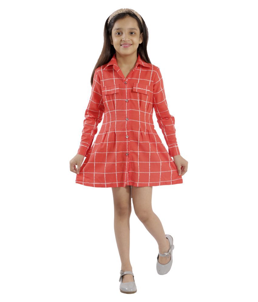    			Kids Cave shirt dress for girls fit and flare Knee length fabric rayon check print (Color_Orange, Size_3 Years to 12 Years)