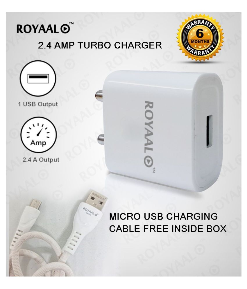 ROYAAL 2.4A USB Fast Charging Travel Adapter with Micro USB cable for MI, Xiaomi, Redmi, Samsung, Oppo, Vivo -White