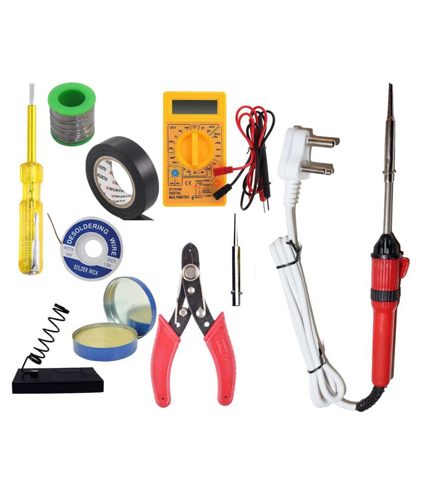     			Ukoit (10 in 1) 25 Watt Soldering Iron Kit including Light Indicator Red Soldering Iron, Soldering Wire, Flux, D-Wick, Stand, Cutter, Digital Meter, Tape, Tester and Pointed Bit