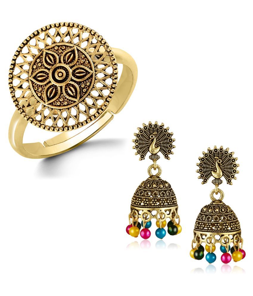 Sukai Jewels Oxidised Design Earring and Ring Combo Set for Women and