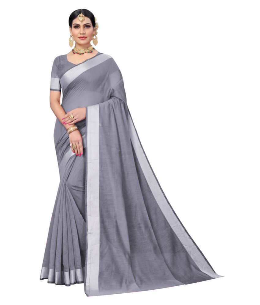 offline selection - Dark Grey Cotton Blend Saree With Blouse Piece (Pack of 1)