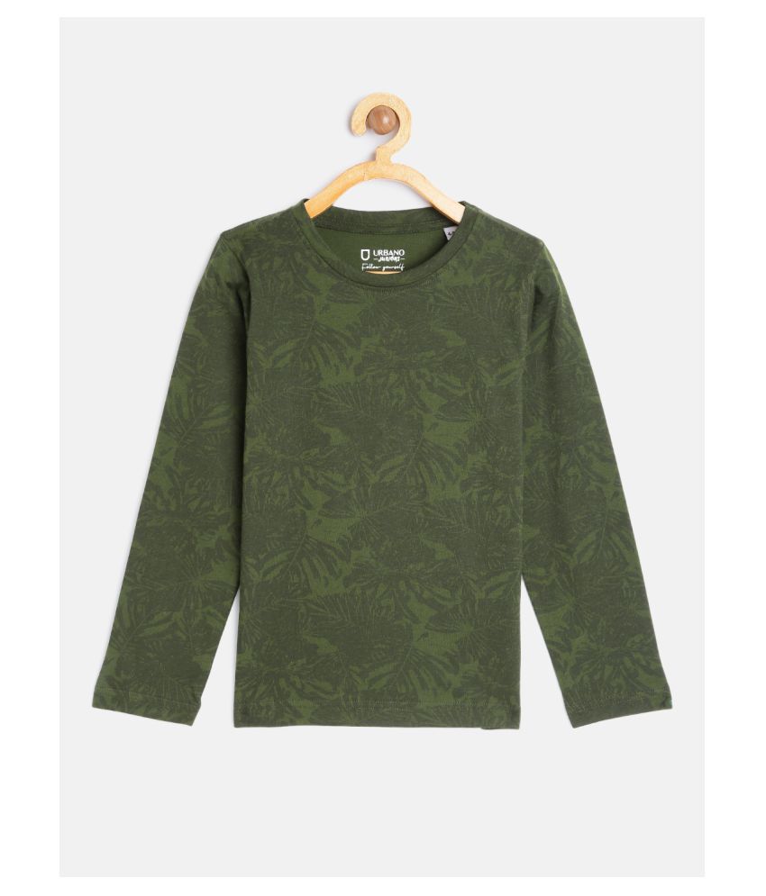 Urbano Juniors Boy's Olive Green Printed Regular Fit Full Sleeve Cotton T-Shirt