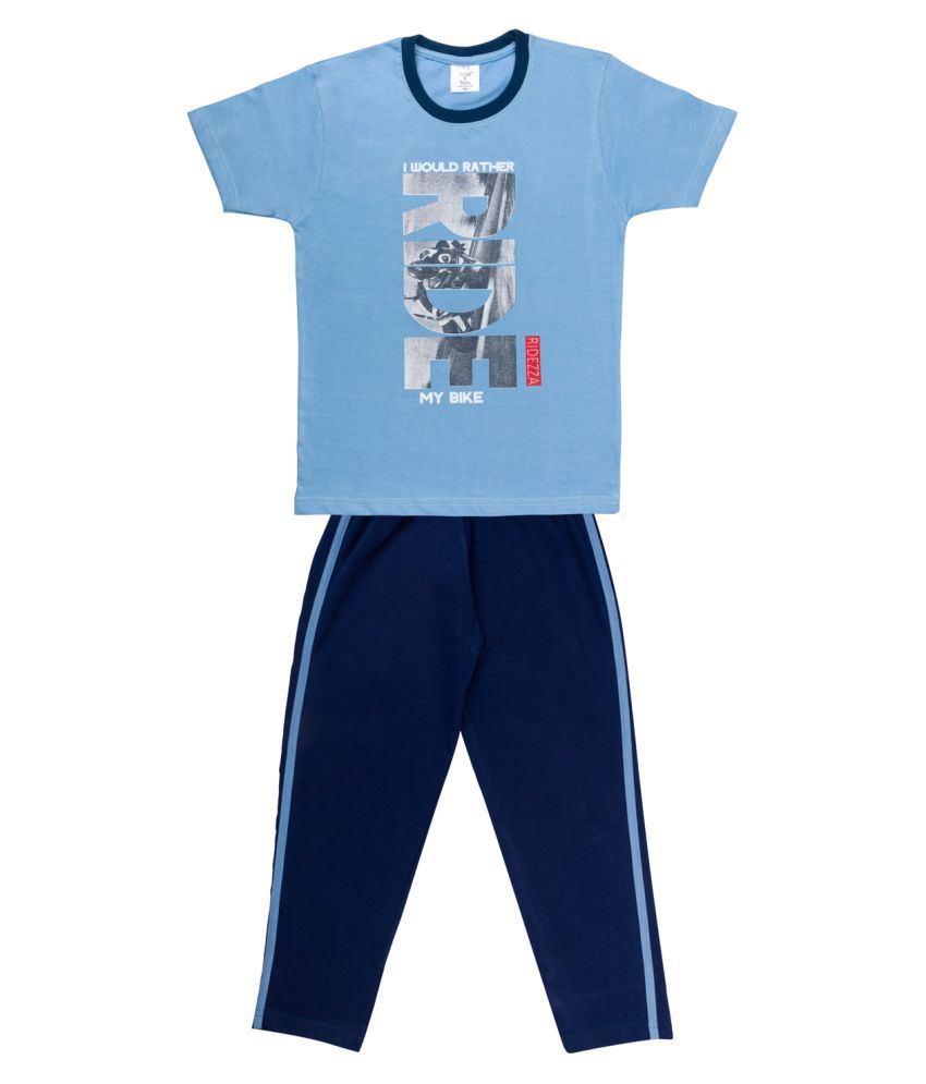     			Todd N Teen Boys Cotton Pinted Tshirt, Dailywear, Clothing Set With Track Pant Full Pant Pyjama Blue 5-6 years
