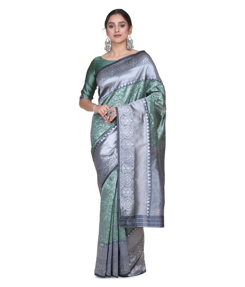     			Shaily Retails Green Silk Blend Saree - Single