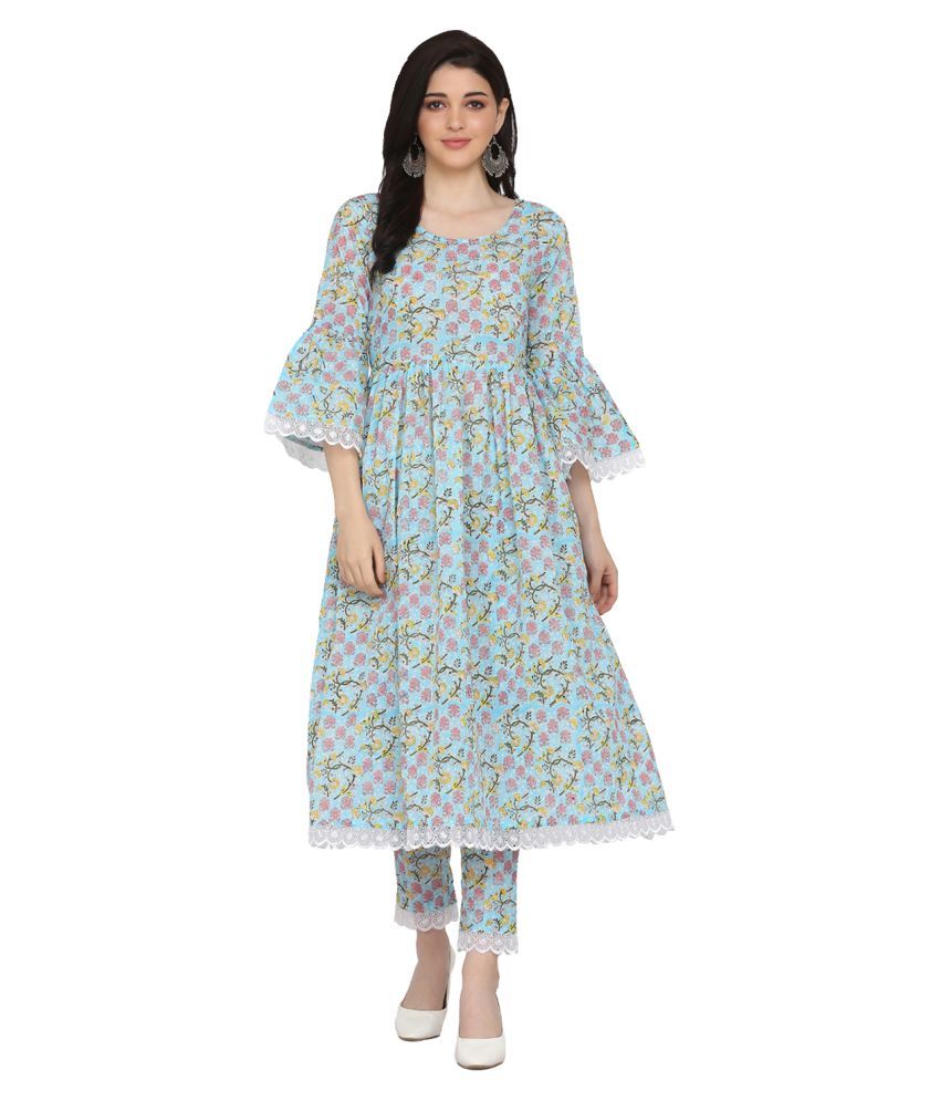     			Aarrah Blue Cotton Tiered Flared Kurti -